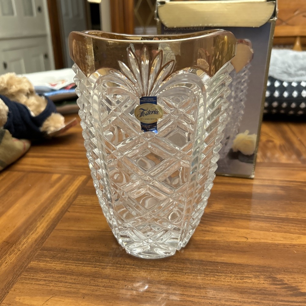Collectible Fostoria Lead Crystal Geometric Glass Clear Vase Gold Trim W Box